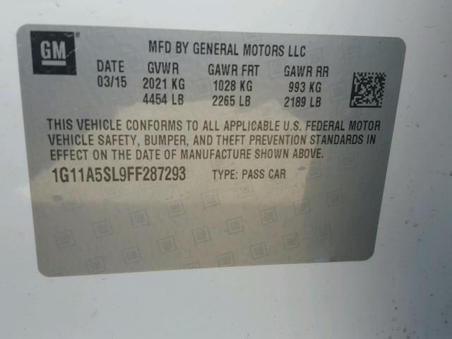 1G11A5SL9FF287293 - 2015 CHEVROLET MALIBU LS თეთრი ფოტო 10