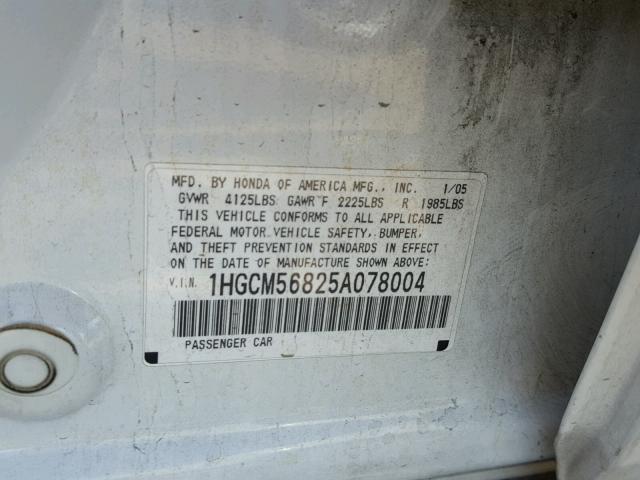 1HGCM56825A078004 - 2005 HONDA ACCORD EX WHITE photo 10