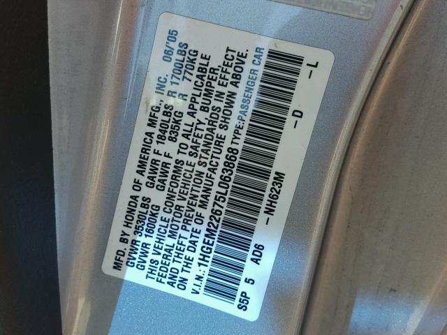 1HGEM22675L063868 - 2005 HONDA CIVIC LX SILVER photo 10