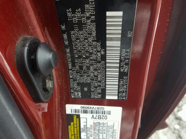 5TDZA23C55S373318 - 2005 TOYOTA SIENNA CE BURGUNDY photo 10