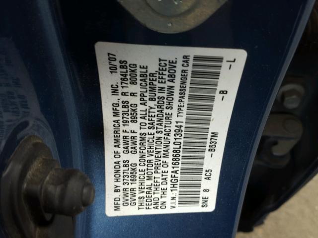 1HGFA16868L013941 - 2008 HONDA CIVIC EX BLUE photo 10