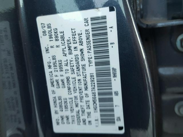 1HGCM56467A229281 - 2007 HONDA ACCORD LX GRAY photo 10