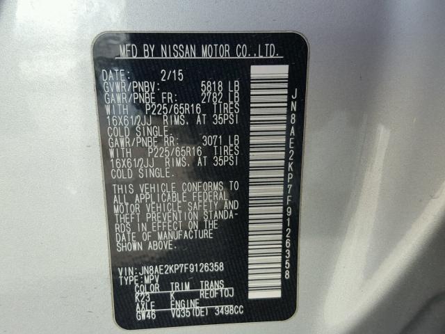 JN8AE2KP7F9126358 - 2015 NISSAN QUEST S SILVER photo 10