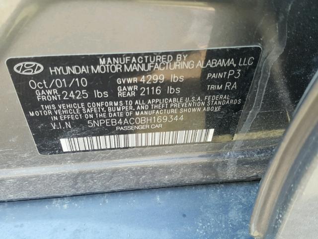 5NPEB4AC0BH169344 - 2011 HYUNDAI SONATA GLS GRAY photo 10