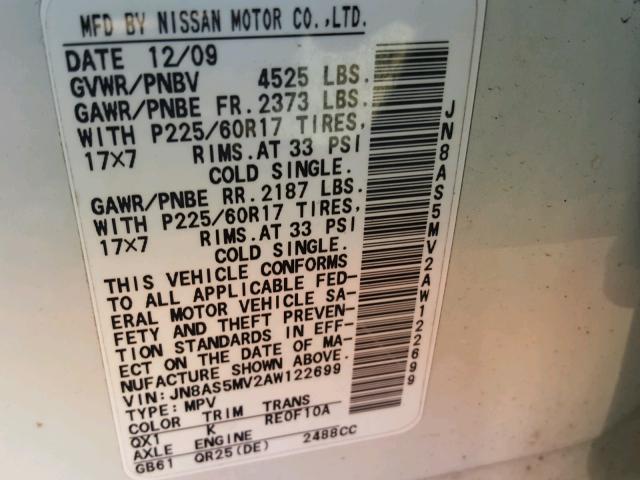 JN8AS5MV2AW122699 - 2010 NISSAN ROGUE S WHITE photo 10