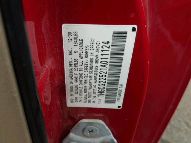 1HGCG22521A011124 - 2001 HONDA ACCORD EX RED photo 10