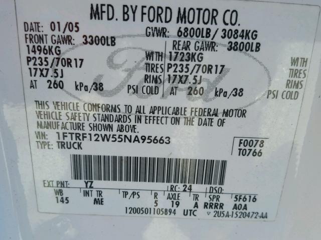 1FTRF12W55NA95663 - 2005 FORD F150 WHITE photo 10