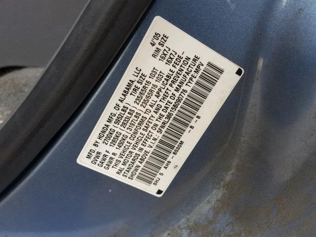 5FNRL38615B090776 - 2005 HONDA ODYSSEY EX BLUE photo 10