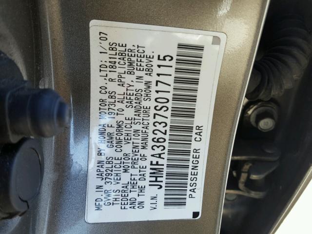 JHMFA36237S017115 - 2007 HONDA CIVIC HYBR GRAY photo 10