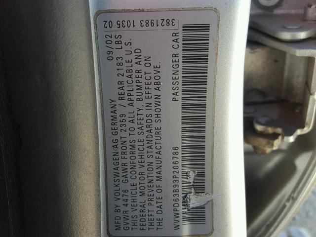 WVWPD63B93P206786 - 2003 VOLKSWAGEN PASSAT GLS SILVER photo 10