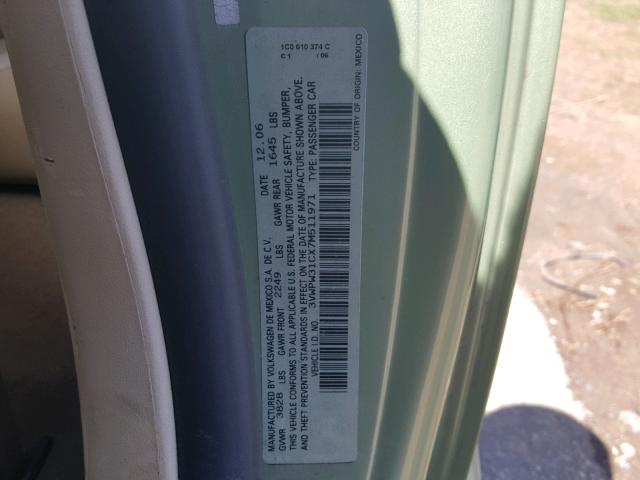 3VWPW31CX7M511971 - 2007 VOLKSWAGEN NEW BEETLE მწვანე ფოტო 10