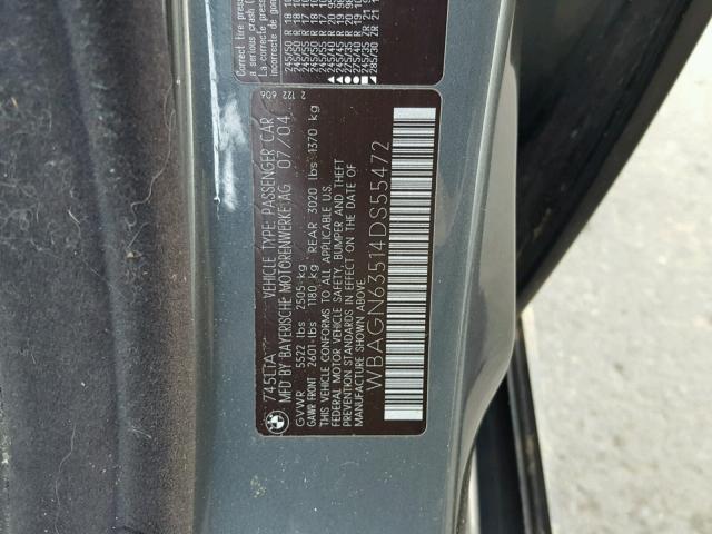 WBAGN63514DS55472 - 2004 BMW 745 LI GRAY photo 10