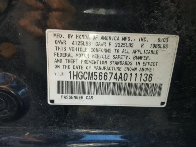 1HGCM56674A011136 - 2004 HONDA ACCORD EX BLACK photo 10