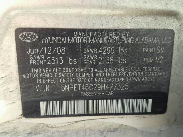 5NPET46C29H477325 - 2009 HYUNDAI SONATA GLS SILVER photo 10