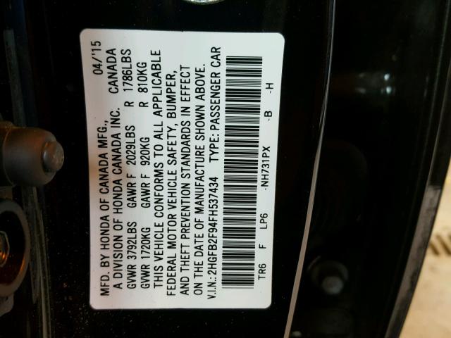 2HGFB2F94FH537434 - 2015 HONDA CIVIC EXL BLACK photo 10
