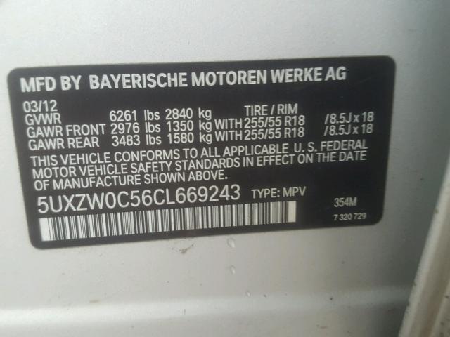 5UXZW0C56CL669243 - 2012 BMW X5 XDRIVE3 SILVER photo 10