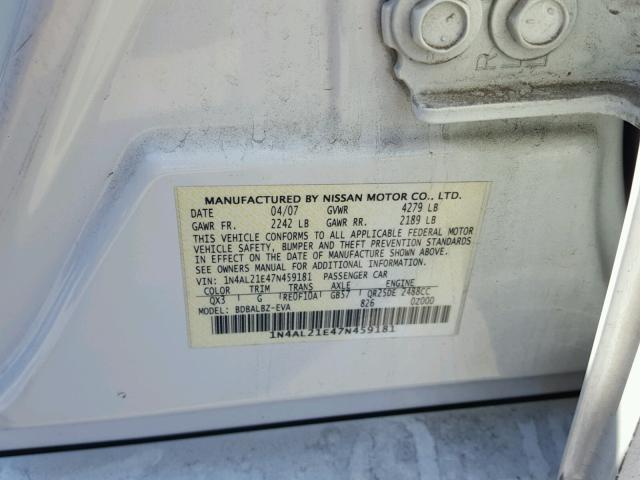 1N4AL21E47N459181 - 2007 NISSAN ALTIMA 2.5 WHITE photo 10