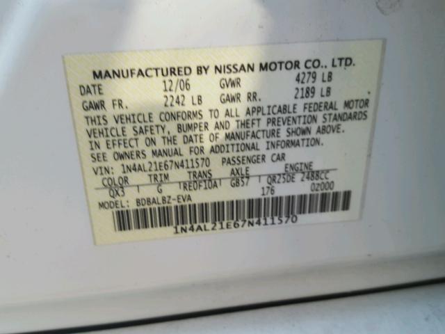 1N4AL21E67N411570 - 2007 NISSAN ALTIMA 2.5 WHITE photo 10