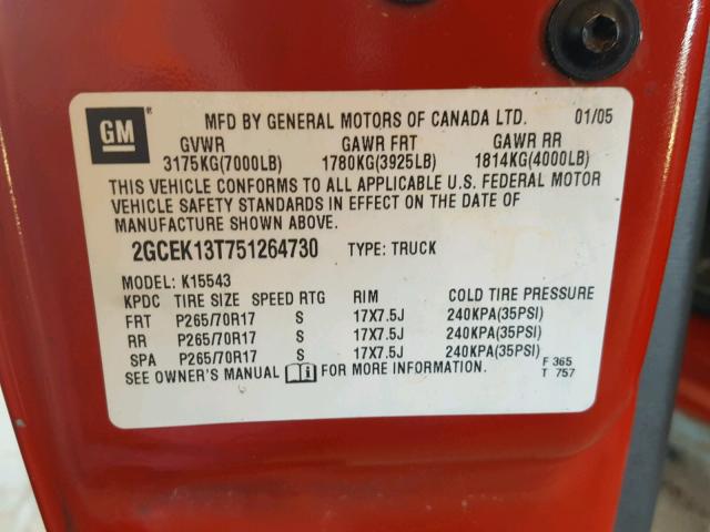 2GCEK13T751264730 - 2005 CHEVROLET SILVERADO RED photo 10