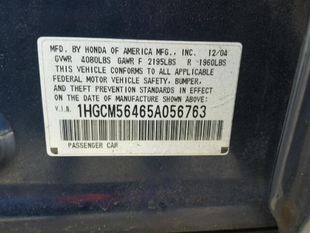 1HGCM56465A056763 - 2005 HONDA ACCORD LX BLUE photo 10