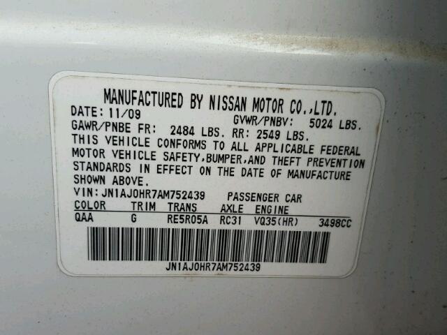 JN1AJ0HR7AM752439 - 2010 INFINITI EX35 BASE WHITE photo 10