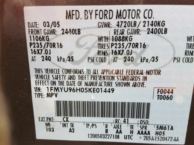 1FMYU96H05KE01449 - 2005 FORD ESCAPE HEV GRAY photo 10