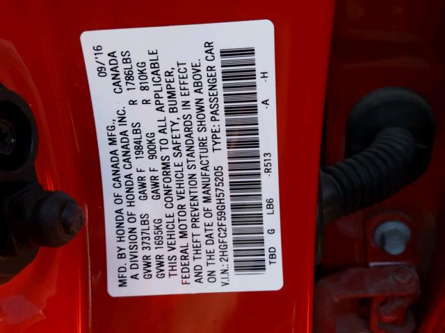 2HGFC2F59GH575205 - 2016 HONDA CIVIC LX RED photo 10