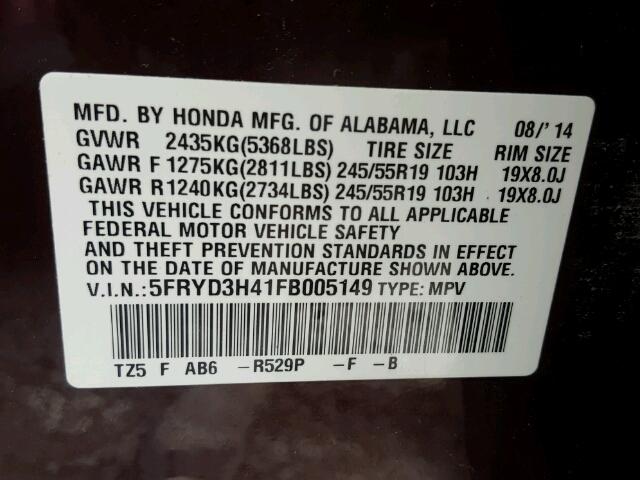 5FRYD3H41FB005149 - 2015 ACURA MDX TECHNO MAROON photo 10