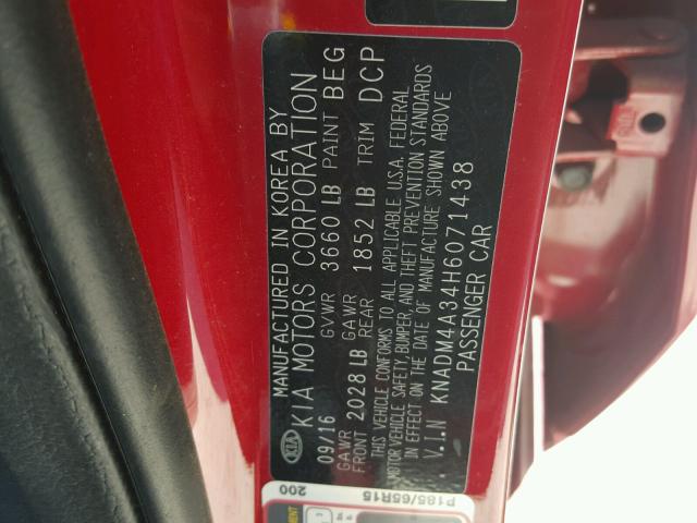 KNADM4A34H6071438 - 2017 KIA RIO LX Կարմիր լուսանկար 10