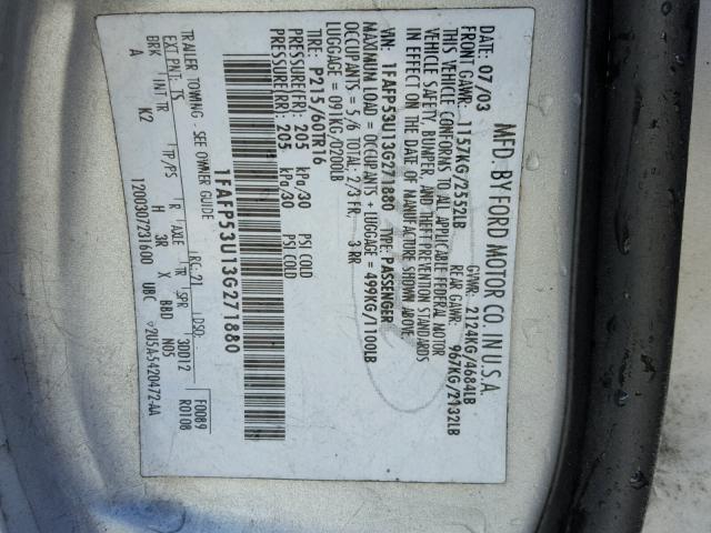 1FAFP53U13G271880 - 2003 FORD TAURUS SE SILVER photo 10