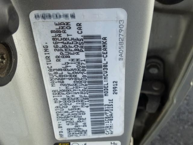 4T1BF32K64U070071 - 2004 TOYOTA CAMRY LE SILVER photo 10