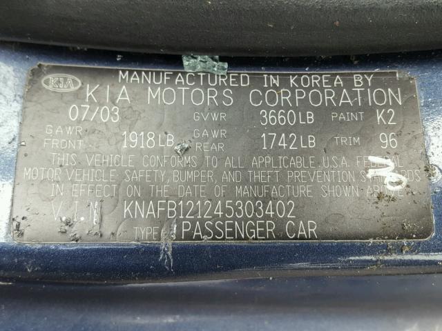 KNAFB121245303402 - 2004 KIA SPECTRA BA BLUE photo 10