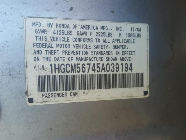 1HGCM56745A039194 - 2005 HONDA ACCORD EX SILVER photo 10