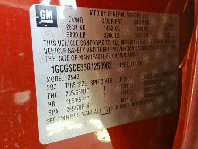 1GCGSCE35G1250982 - 2016 CHEVROLET COLORADO L RED photo 10