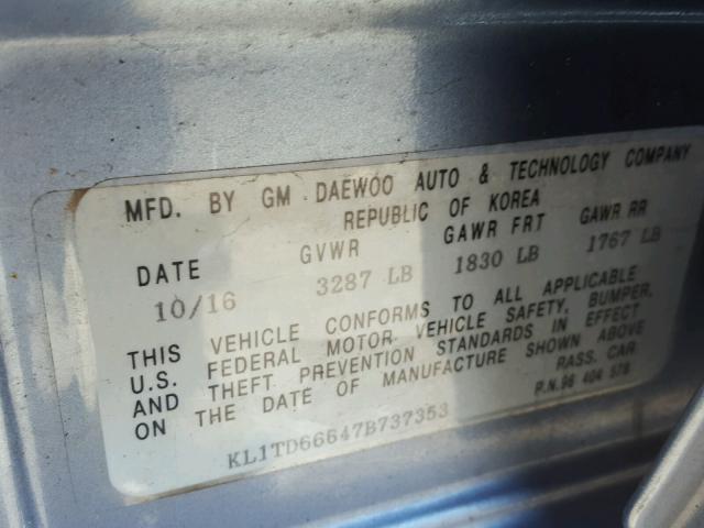 KL1TD66647B737353 - 2007 CHEVROLET AVEO BASE Կապույտ լուսանկար 10