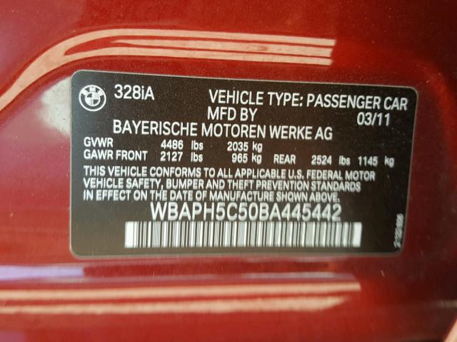 WBAPH5C50BA445442 - 2011 BMW 328 I SULE RED photo 10