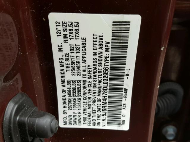 5J6RM4H78DL032956 - 2013 HONDA CR-V EXL MAROON photo 10