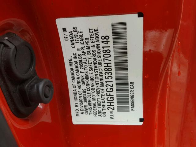 2HGFG21538H708148 - 2008 HONDA CIVIC SI RED photo 10