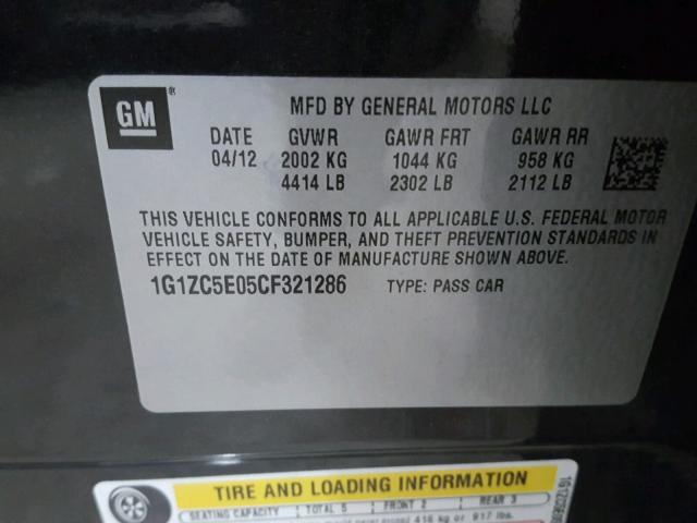 1G1ZC5E05CF321286 - 2012 CHEVROLET MALIBU 1LT 黑色 照片 10