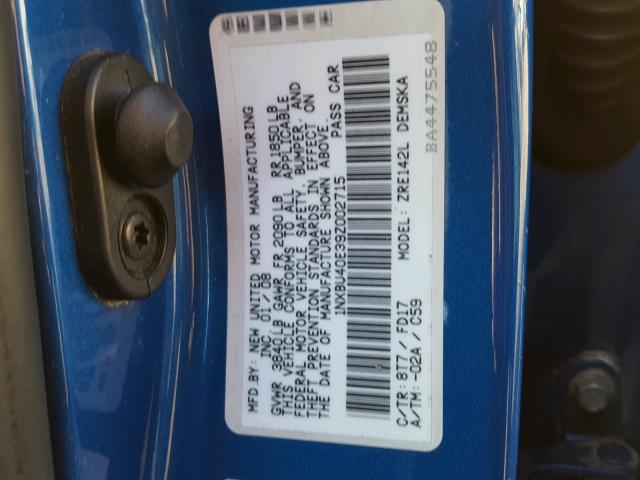 1NXBU40E39Z002715 - 2009 TOYOTA COROLLA BA BLUE photo 10