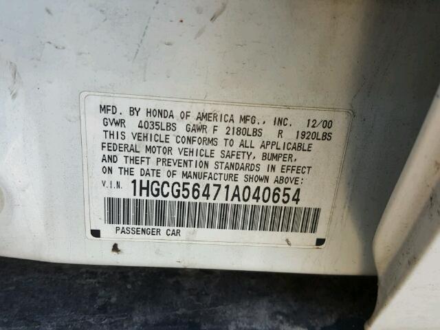 1HGCG56471A040654 - 2001 HONDA ACCORD LX WHITE photo 10