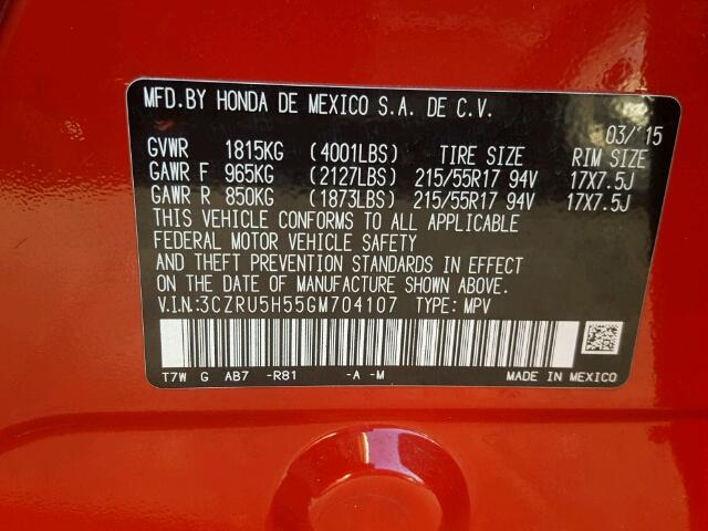 3CZRU5H55GM704107 - 2016 HONDA HR-V EX RED photo 10