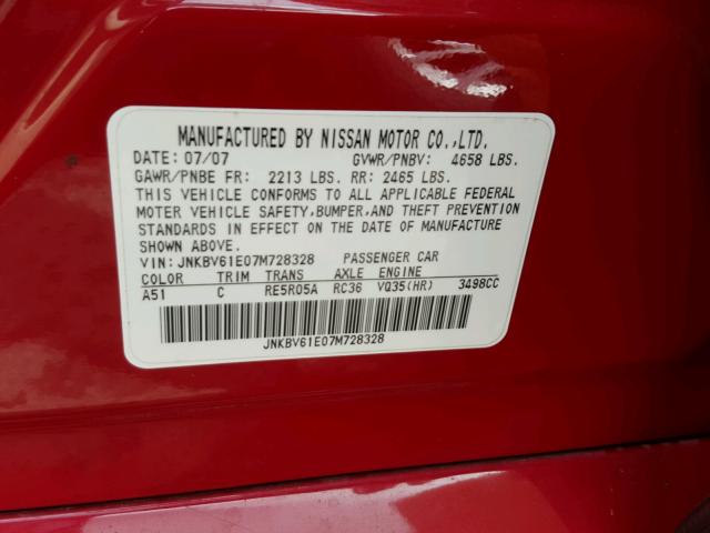 JNKBV61E07M728328 - 2007 INFINITI G35 RED photo 10