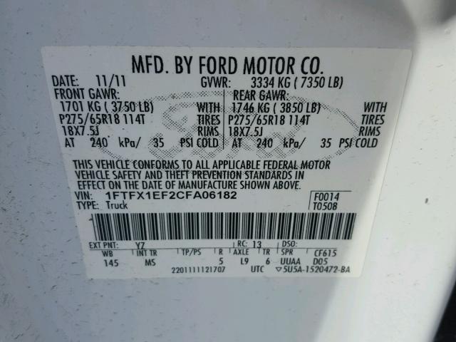 1FTFX1EF2CFA06182 - 2012 FORD F150 SUPER WHITE photo 10