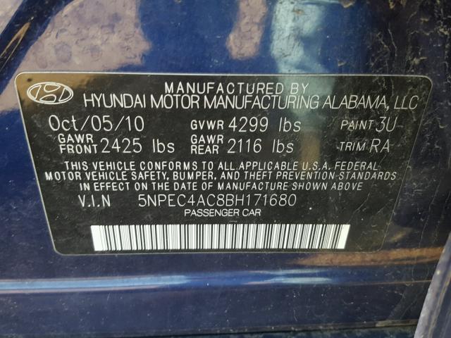 5NPEC4AC8BH171680 - 2011 HYUNDAI SONATA SE BLUE photo 10