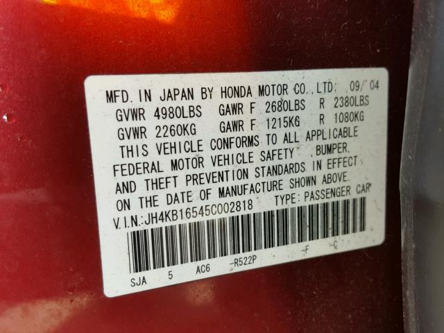 JH4KB16545C002818 - 2005 ACURA RL RED photo 10