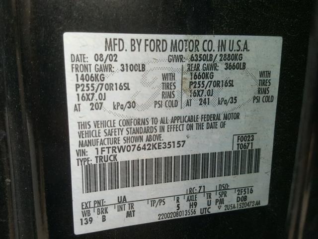 1FTRW07642KE35157 - 2002 FORD F150 SUPER BLACK photo 10