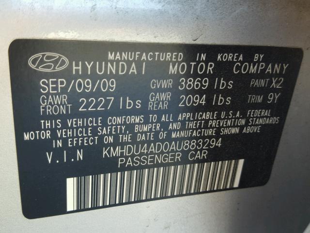 KMHDU4AD0AU883294 - 2010 HYUNDAI ELANTRA BL SILVER photo 10