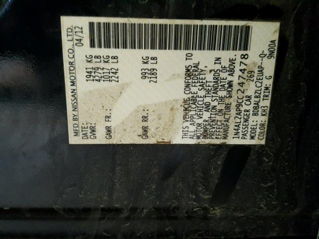 1N4AL2AP9CC247478 - 2012 NISSAN ALTIMA BAS BLACK photo 10