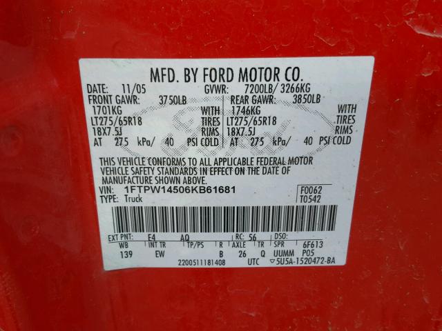 1FTPW14506KB61681 - 2006 FORD F150 SUPER RED photo 10